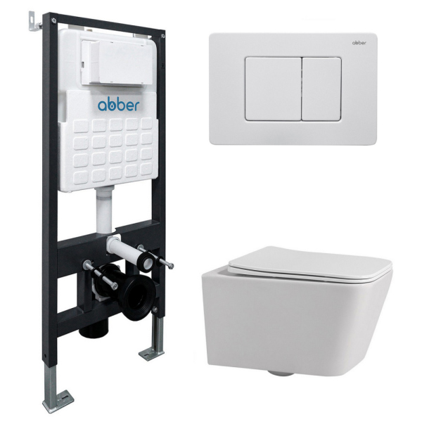 Комплект подвесной унитаз ABBER Rechteck белый с инсталляцией и кнопкой белая матовая