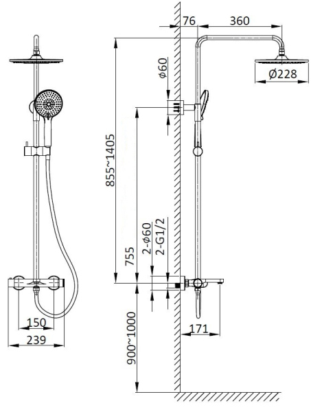 Душевая стойка Vincea Rondo VSFS-1R1GM с изливом, вороненая сталь