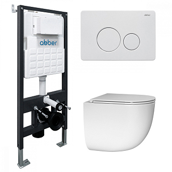 Комплект подвесной унитаз ABBER Bequem белый, с закрытым дном с инсталляцией и кнопкой белая матовая