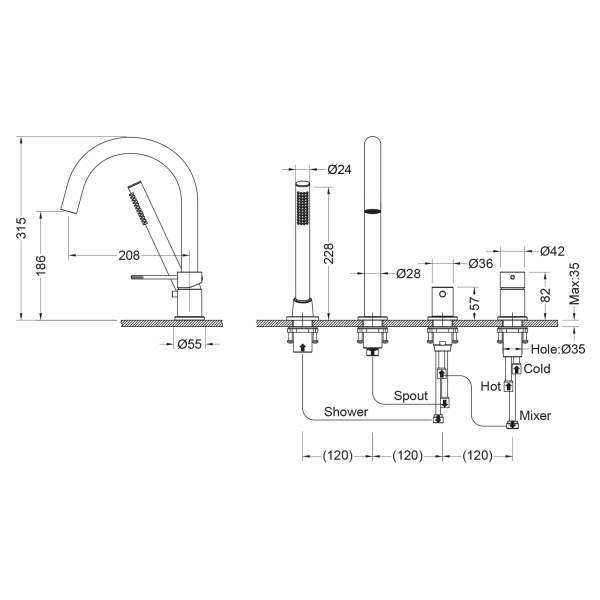 Смеситель для ванны с душем, врезной Timo Saona черное золото (2320/18Y)