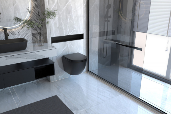 Комплект подвесной унитаз ABBER Bequem черный с инсталляцией и кнопкой, черная матовая