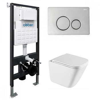 Комплект подвесной унитаз ABBER Rechteck белый, с закрытым дном, инсталляцией, кнопкой хром глянец
