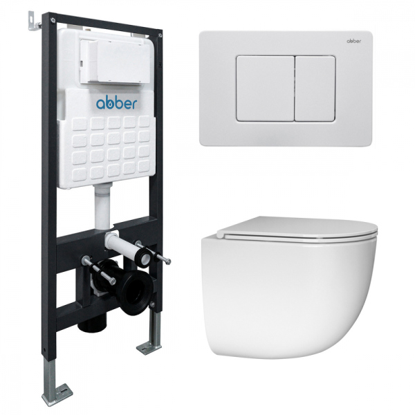 Комплект подвесной унитаз ABBER Bequem белый, с закрытым дном с инсталляцией и кнопкой белая матовая