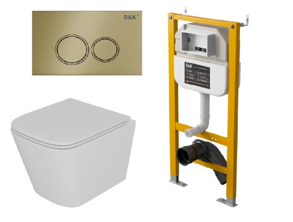 Комплект 3 в 1 D&K Унитаз подвесной безободковый, инсталляция, клавиша смыва (DS1431633)