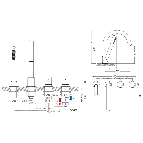 Смеситель для ванны с душем, врезной с термостатом Timo Saona золото матовое (2330/17Y)