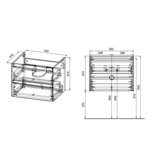 Тумба с раковиной Vincea Luka 600 подвесная, 2 выкатных ящика soft-close, G.Stone, VMC-2L600GS+VCB-13600B