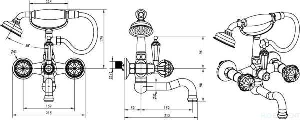 Смеситель Boheme Brillante Presente 353 для ванны с душем