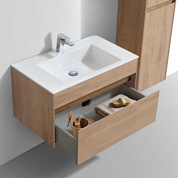 Тумба с раковиной Vincea Chiara 800 подвесная, 1 выкатной ящик soft-close, N.Oak, VMC-2C800NO+VCB-13800W