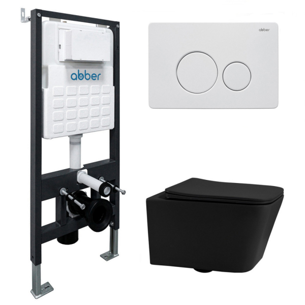 Комплект подвесной унитаз ABBER Rechteck черный матовый с инсталляцией и кнопкой белая матовая