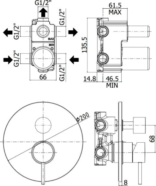 Смеситель Paffoni Light LIG019NO С ВНУТРЕННЕЙ ЧАСТЬЮ, для ванны с душем