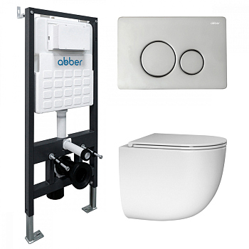Комплект подвесной унитаз ABBER Bequem белый, с закрытым дном с инсталляцией, кнопкой хром глянцевый
