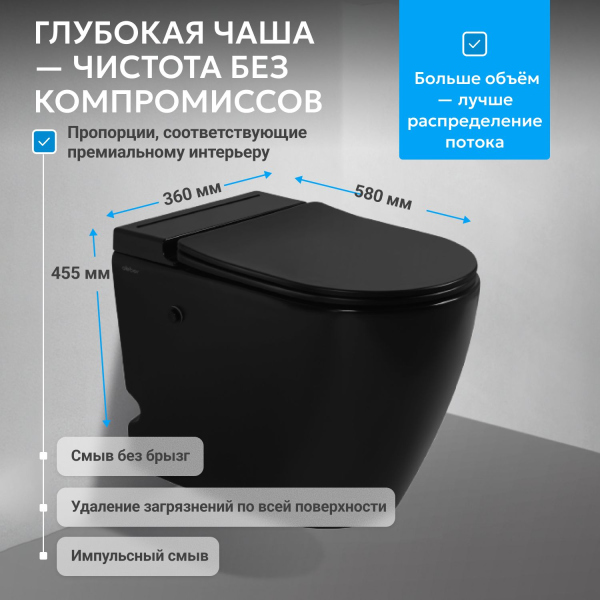 Унитаз ABBER Bequem AC1115PMB приставной черный матовый с импульсным смывом
