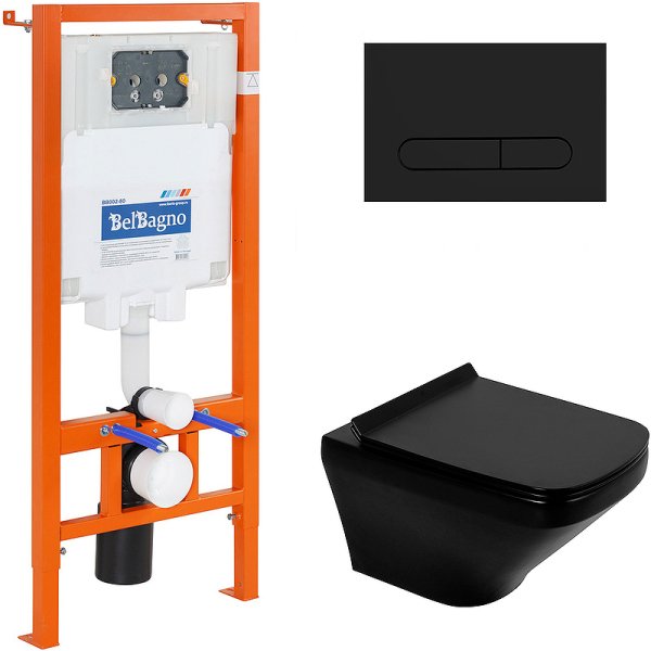 Комплект 4 в 1: Унитаз+сиденье+инсталляция+клавиша смыва, BB3201CHR-MB/BB3201SC-MB/BB002-80/BB007