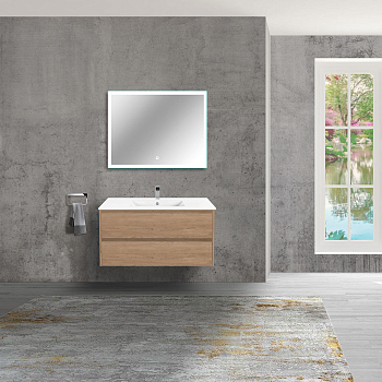 Тумба с раковиной Vincea Gio 100 подвесная, 2 выкатных ящика soft-close, N.Oak, VMC-2G100NO+VBS-13100MA