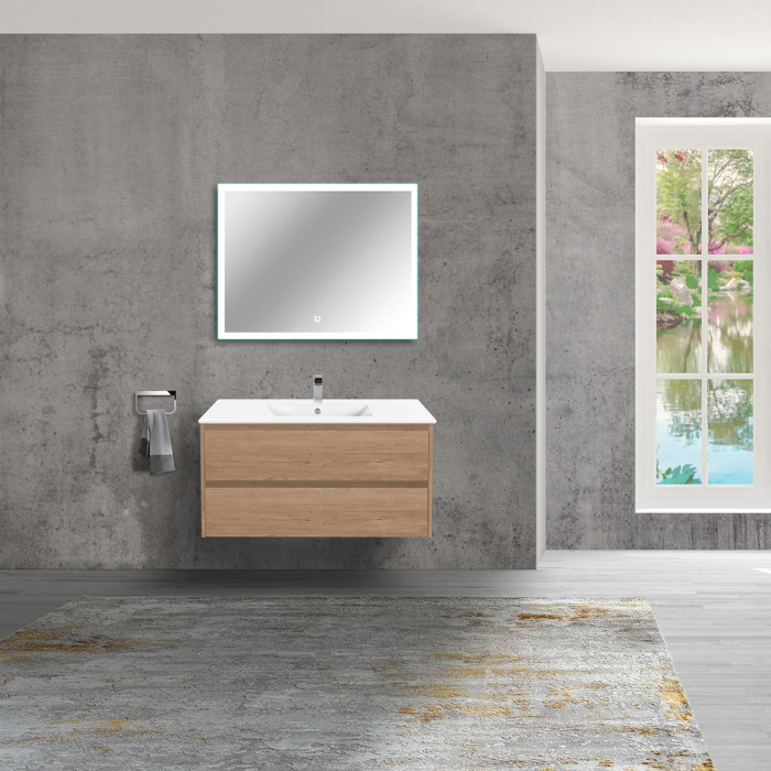 Тумба с раковиной Vincea Gio 100 подвесная, 2 выкатных ящика soft-close, N.Oak, VMC-2G100NO+VBS-13100MA