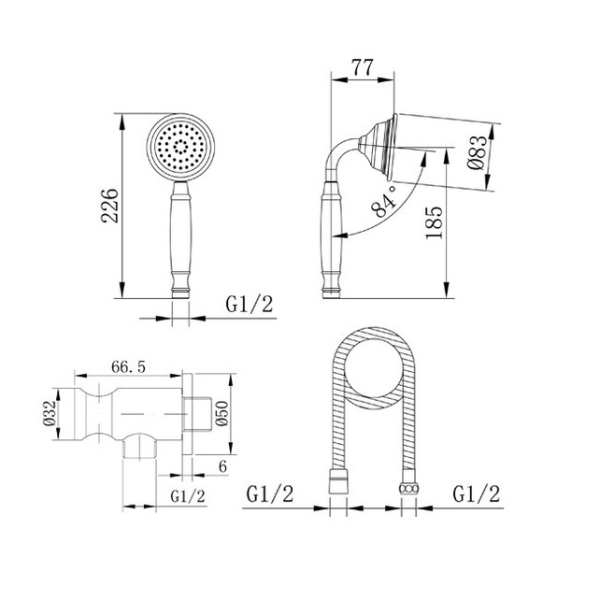 Душевой комплект: латунная класс.лейка, шланг, кронштейн/штуцер (бронза) Caprigo, 99-562-vot