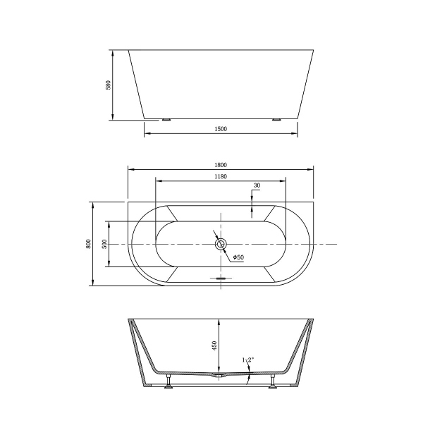Ванна акриловая Vincea VBT-421-1800, 1800*800*580, цвет белый, щелевой перелив, слив хром