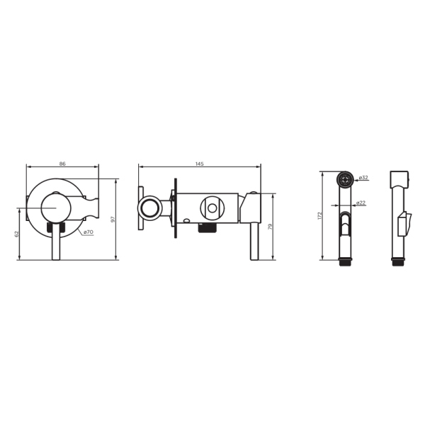 Смеситель, монтируемый в стену с гигиеническим душем Dorff Logic, D3075000BL